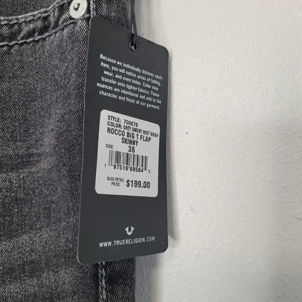 True Religion Rocco relaxed skinny black jeans size 36x32 NWT